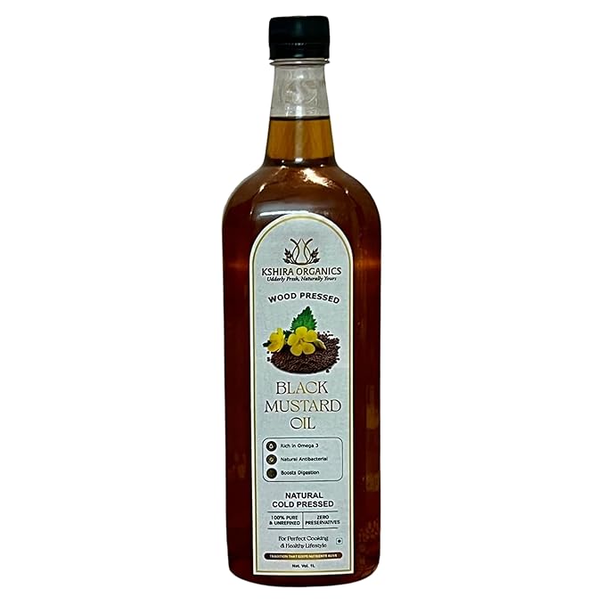 Kshira Organics Black Mustard Oil 1 Litre | Wood Pressed Cold Pressed Sarson Oil | Kacchi Ghani/Kolhu/Chekku | Pure, Natural & Chemical-Free Cooking Oil