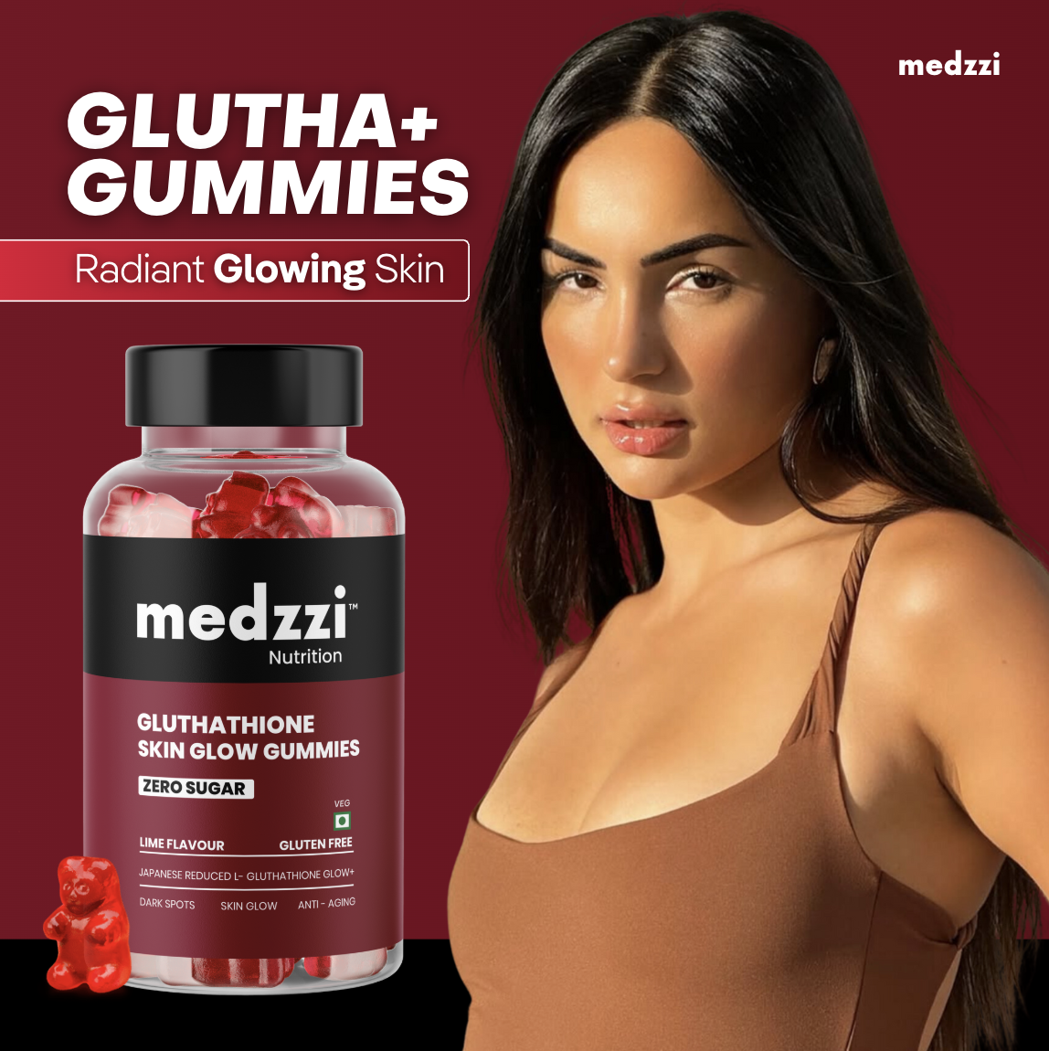 Medzzi Glutha Glow Gummies- Gluthathione, Vitamin C, Hyaluronic Acid for Skin Glow, Combat Acne, Dark Spots, Pigmentation