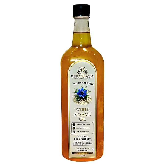Kshira Organics Cold Pressed White Sesame Oil 1Litre | Wood Pressed Til Oil | Virgin Unfiltered Gingelly Oil | Pure & Chemical Free Cooking Oil